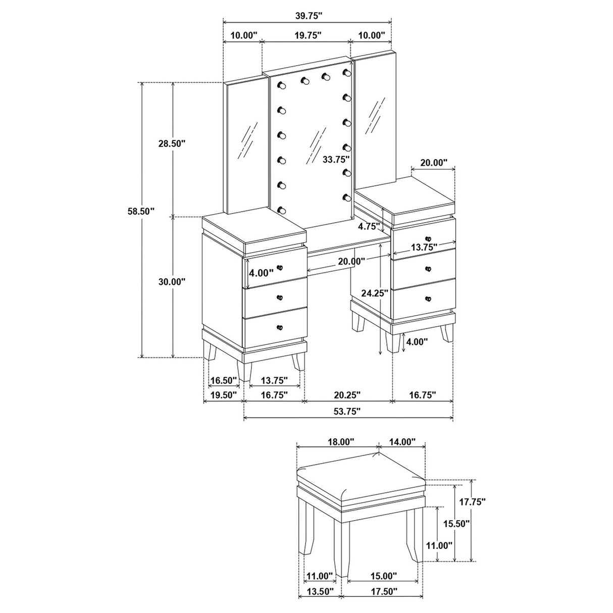 Talei 6-drawer Vanity Set with Hollywood Lighting Black and White