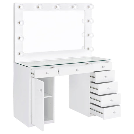 Acena 7-drawer Glass Top Vanity Desk with Lighting White