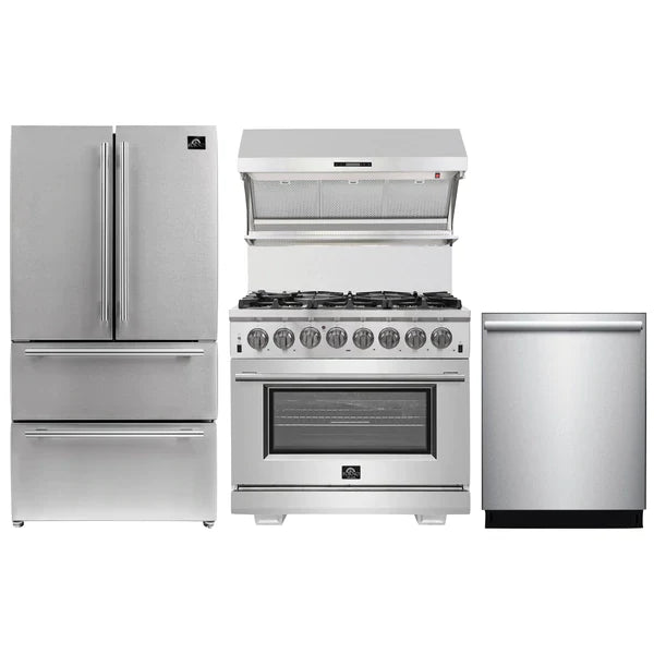 Forno 4-Piece Pro Appliance Package - 36" Dual Fuel Range, French Door Refrigerator, Wall Mount Hood with Backsplash, and Dishwasher in Stainless Steel