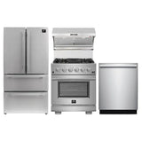 Forno 4-Piece Pro Appliance Package - 30" Gas Range, French Door Refrigerator, Wall Mount Hood with Backsplash, and Dishwasher in Stainless Steel