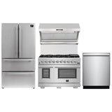 Forno 4-Piece Pro Appliance Package - 48" Gas Range, Premium Hood, French Door Refrigerator, and Dishwasher in Stainless Steel