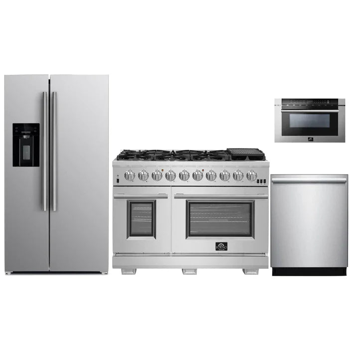 Forno 4-Piece Pro Appliance Package - 48" Gas Range, 36" Refrigerator with Water Dispenser, Microwave Drawer, & 3-Rack Dishwasher in Stainless Steel