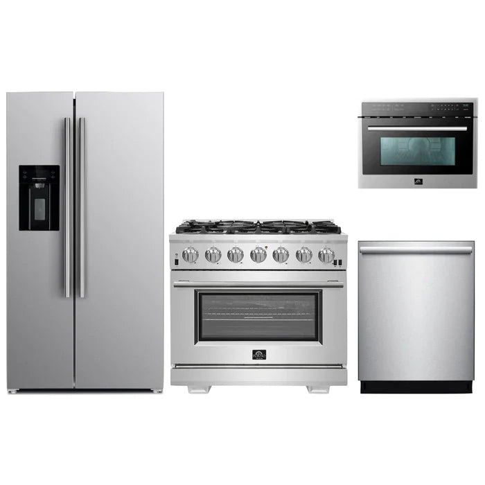 Forno 4-Piece Pro Appliance Package - 36" Gas Range, 36" Refrigerator with Water Dispenser, Microwave Oven, & 3-Rack Dishwasher in Stainless Steel