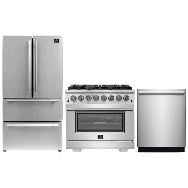 Forno 3-Piece Pro Appliance Package - 36" Dual Fuel Range, French Door Refrigerator, and Dishwasher in Stainless Steel