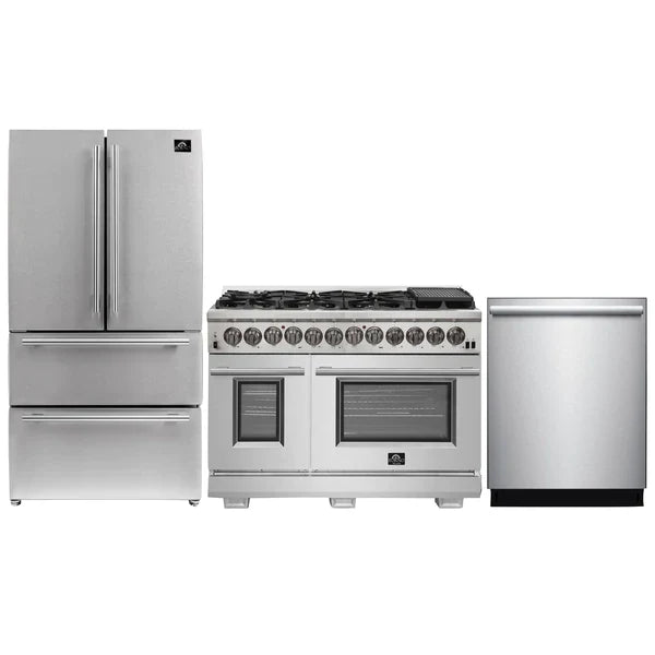 Forno 3-Piece Pro Appliance Package - 48" Dual Fuel Range, French Door Refrigerator, and Dishwasher in Stainless Steel