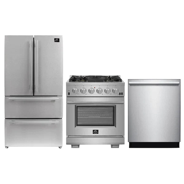 Forno 3-Piece Pro Appliance Package - 30" Gas Range, French Door Refrigerator, and Dishwasher in Stainless Steel