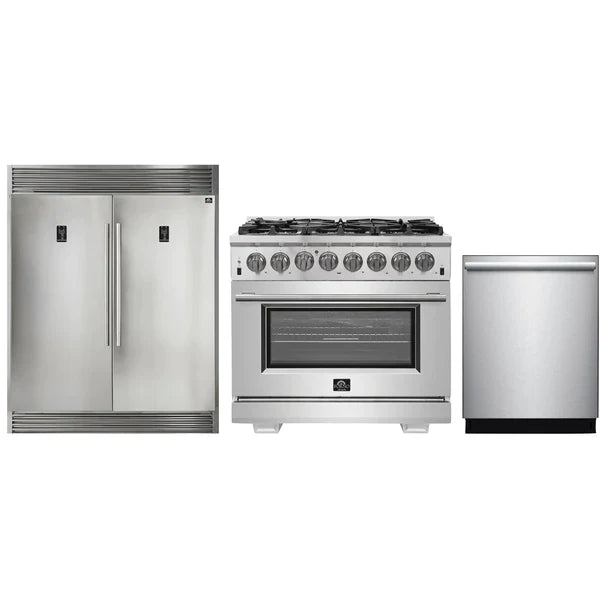 Forno 3-Piece Pro Appliance Package - 36" Dual Fuel Range, Pro-Style Refrigerator, and Dishwasher in Stainless Steel