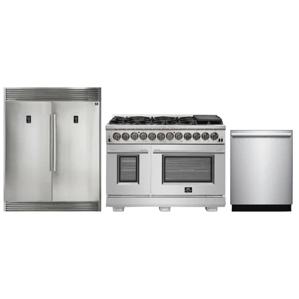 Forno 3-Piece Pro Appliance Package - 48" Dual Fuel Range, Pro-Style Refrigerator, and Dishwasher in Stainless Steel