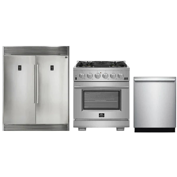 Forno 3-Piece Pro Appliance Package - 30" Gas Range, Pro-Style Refrigerator, and Dishwasher in Stainless Steel