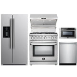 Forno 5-Piece Appliance Package - 30" Gas Range, 36" Refrigerator with Water Dispenser, Wall Mount Hood with Backsplash, Microwave Drawer, & 3-Rack Dishwasher in Stainless Steel