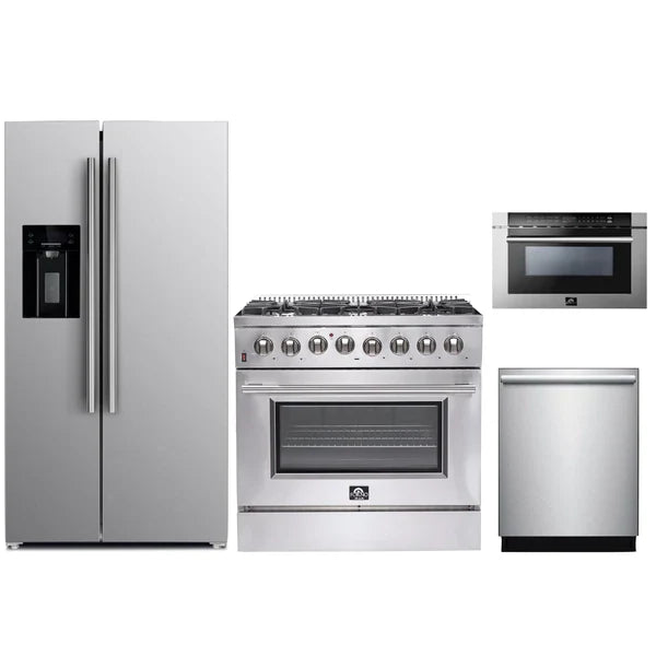 Forno 4-Piece Appliance Package - 36" Dual Fuel Range, 36" Refrigerator with Water Dispenser, Microwave Drawer, & 3-Rack Dishwasher in Stainless Steel