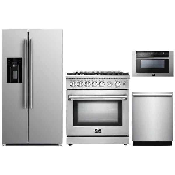 Forno 4-Piece Appliance Package - 30" Gas Range, 36" Refrigerator with Water Dispenser, Microwave Drawer, & 3-Rack Dishwasher in Stainless Steel