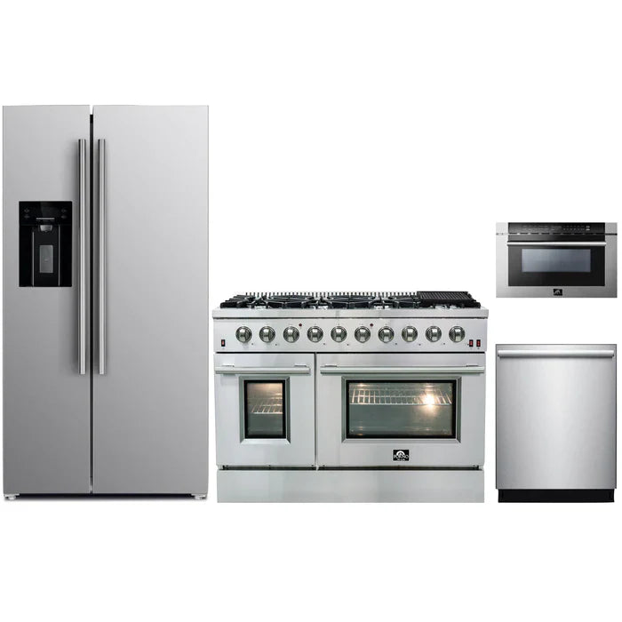 Forno 4-Piece Appliance Package - 48" Gas Range, 36" Refrigerator with Water Dispenser, Microwave Drawer, & 3-Rack Dishwasher in Stainless Steel