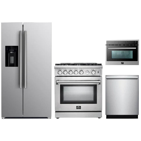 Forno 4-Piece Appliance Package - 30" Gas Range, 36" Refrigerator with Water Dispenser, Microwave Oven, & 3-Rack Dishwasher in Stainless Steel