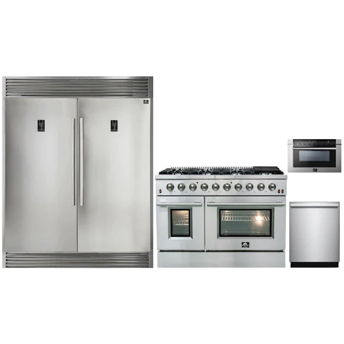 Forno 4-Piece Appliance Package - 48" Gas Range, 56" Pro-Style Refrigerator, Microwave Drawer, & 3-Rack Dishwasher in Stainless Steel