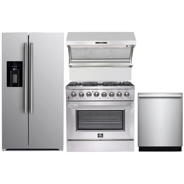 Forno 4-Piece Appliance Package - 36" Dual Fuel Range, 36" Refrigerator with Water Dispenser, Wall Mount Hood with Backsplash, & 3-Rack Dishwasher in Stainless Steel