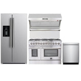 Forno 4-Piece Appliance Package - 48" Dual Fuel Range, 36" Refrigerator with Water Dispenser, Wall Mount Hood with Backsplash, & 3-Rack Dishwasher in Stainless Steel