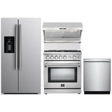 Forno 4-Piece Appliance Package - 30" Gas Range, 36" Refrigerator with Water Dispenser, Wall Mount Hood with Backsplash, & 3-Rack Dishwasher in Stainless Steel