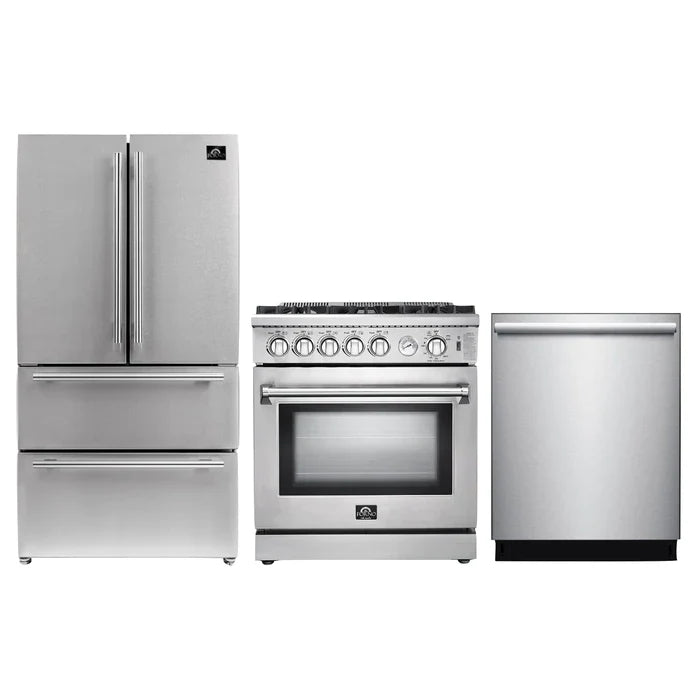 Forno 3-Piece Appliance Package - 30" Gas Range, French Door Refrigerator, and Dishwasher in Stainless Steel