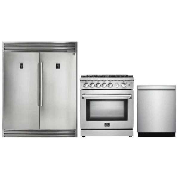 Forno 3-Piece Appliance Package - 30" Gas Range, Pro-Style Refrigerator, and Dishwasher in Stainless Steel