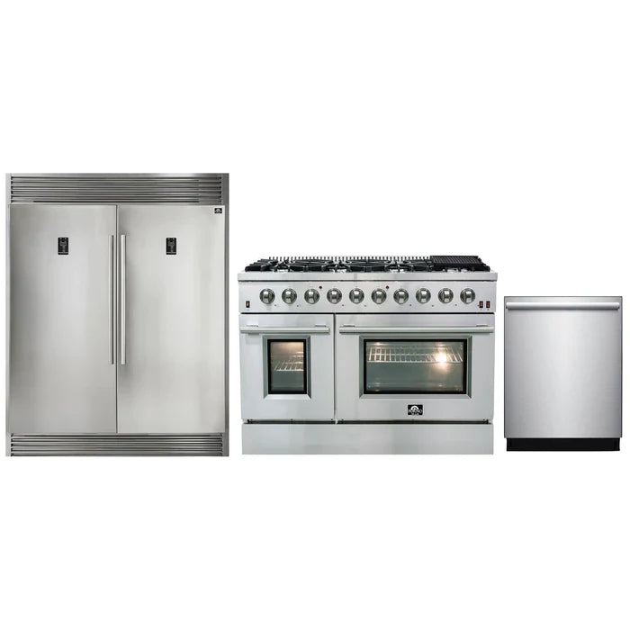 Forno 3-Piece Appliance Package - 48" Gas Range, Pro-Style Refrigerator, and Dishwasher in Stainless Steel