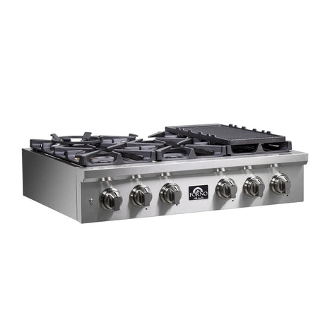 Forno Spezia 36-Inch Gas Cooktop, 6 Burners. Wok Ring and Grill/Griddle in Stainless Steel - FCTGS5751-36