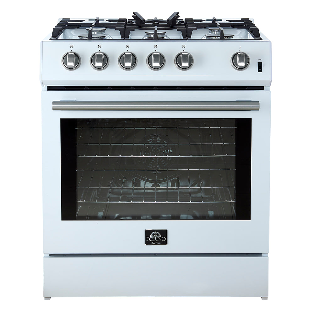 Forno Leonardo Espresso 30" White Gas Range, 5 Burners, 39 500 BTU, 5 cu.ft. Convection Oven - FFSGS1116-30WHT