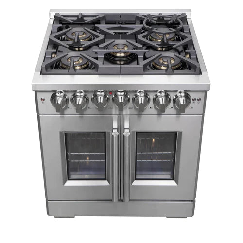 Forno 30-Inch Capriasca Dual Fuel Range with 5 Gas Burners, 100,000 BTUs, and French Door Electric Oven in Stainless Steel (FFSGS6387-30)