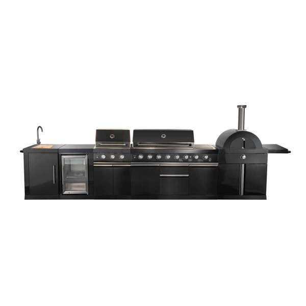 Forno All'Aperto 99,600 BTU BBQ with 5 Stainless-Steel Burners with Infrared Burners & Side Burner, Sink Module with Black Sintered Stone Countertops, Plancha, Gas Pizza Oven, Bar & Beverage Center - FODKT2568BLK