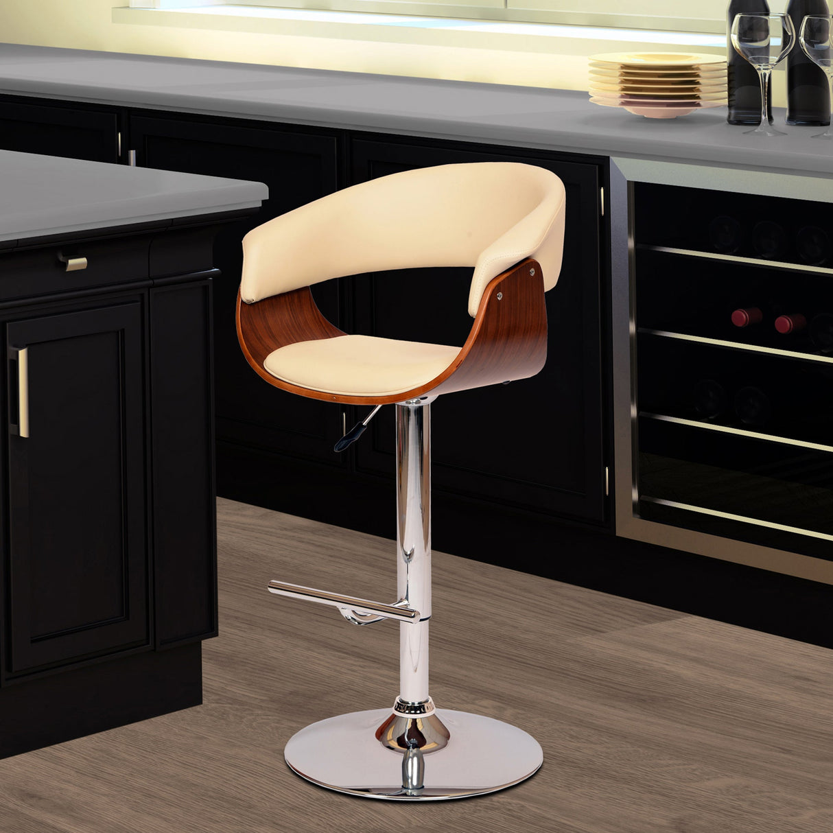 Armen Living Paris Chrome Metal/Walnut Vaneer/Leatherette 100% Polyurethane Barstool