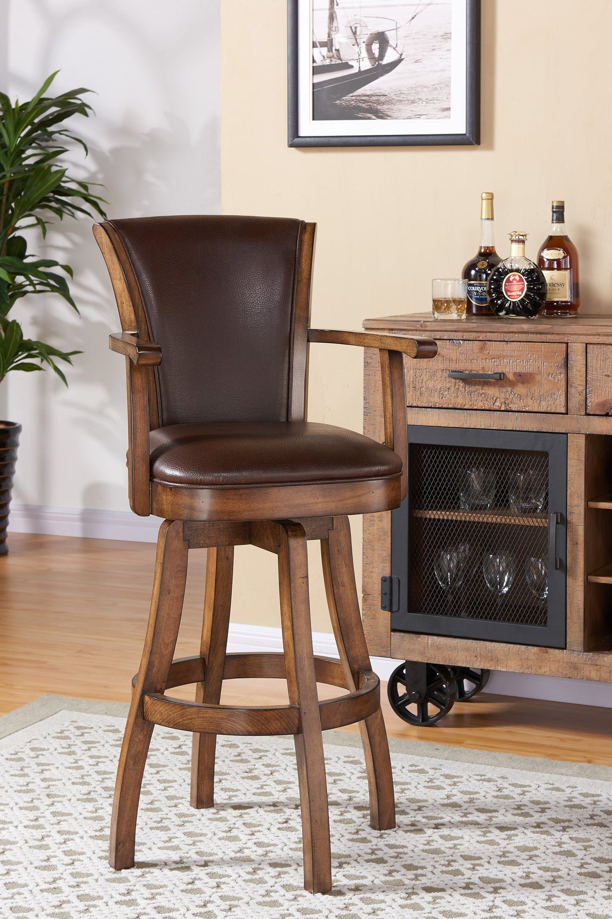 Armen Living Raleigh Arm Chestnut Wood/Faux Leather/Leatherette 100% Polyurethane Barstool