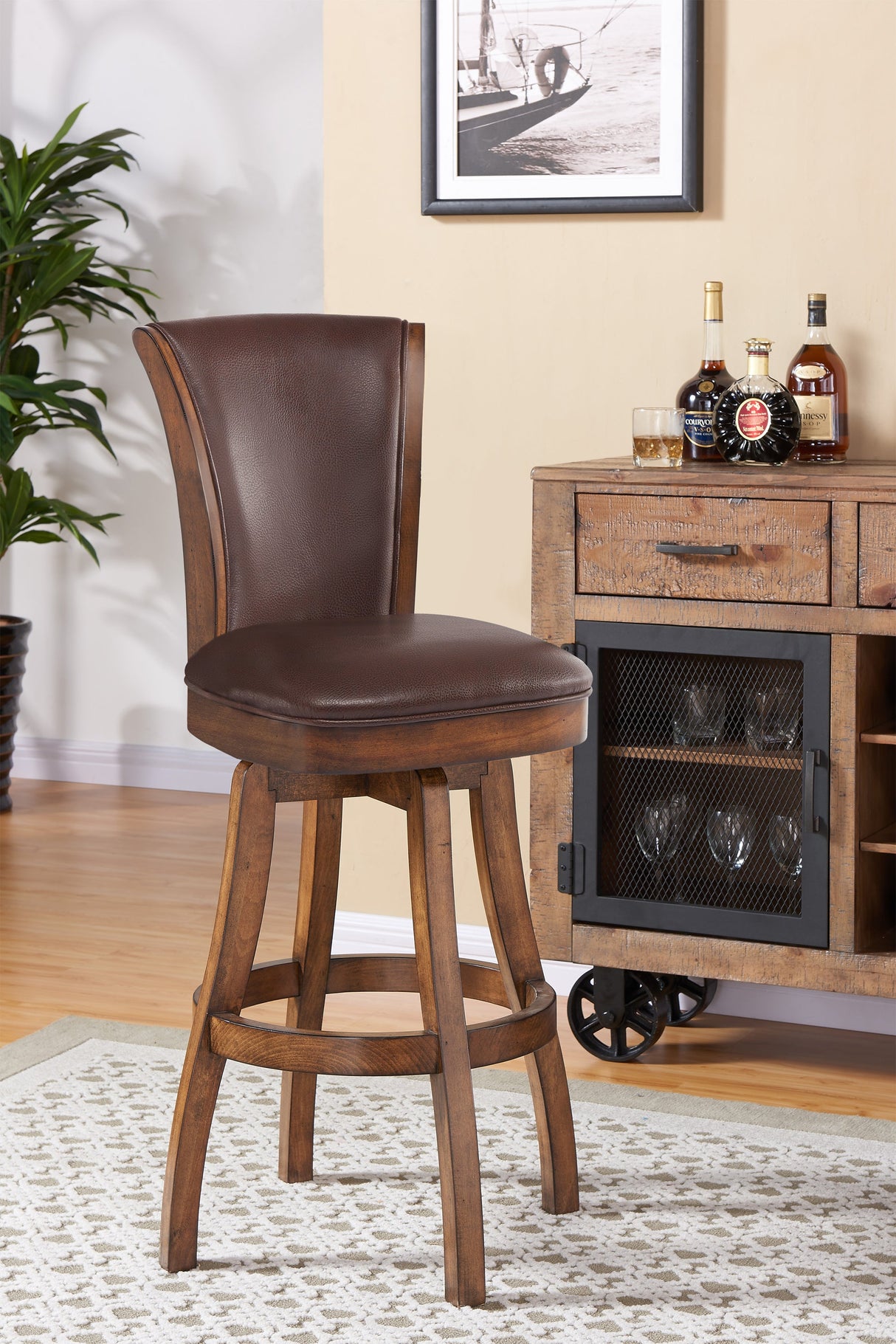 Armen Living Raleigh Chestnut Wood/Faux Leather/Leatherette 100% Polyurethane Barstool