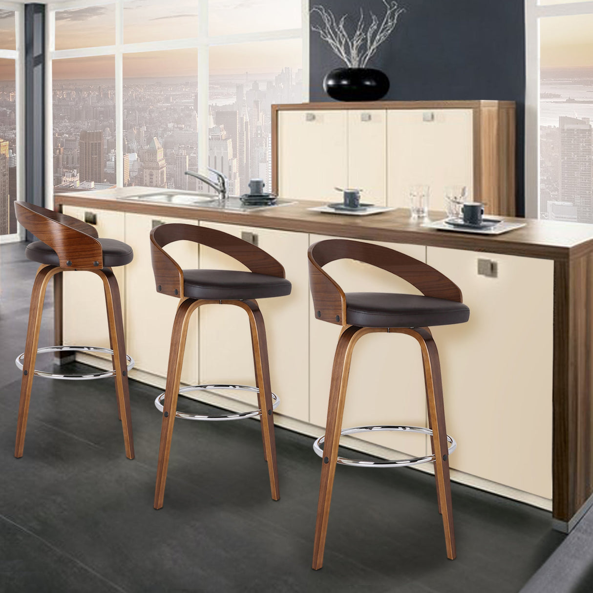 Armen Living Sonia Wood/Faux Leather/Leatherette/Stainless Steel 100% Polyurethane Swivel Barstool