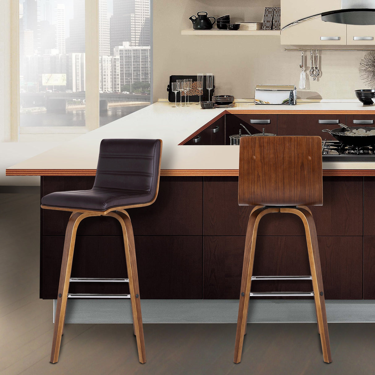 Armen Living Vienna Wood/Faux Leather/Leatherette/Stainless Steel 100% Polyurethane Barstool