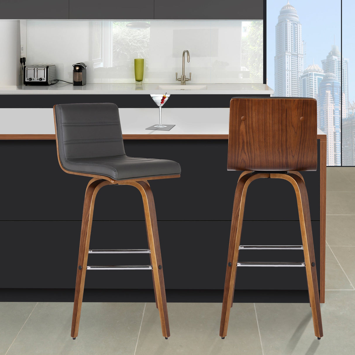 Armen Living Vienna Wood/Faux Leather/Leatherette/Stainless Steel 100% Polyurethane Barstool