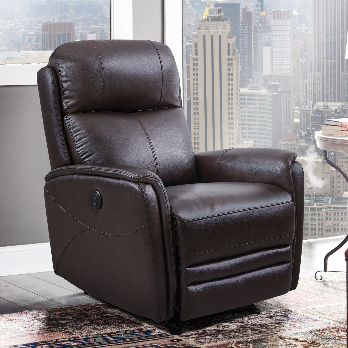 Armen Living Wolfe Wood/Foam/Leather/Poly Soft Fabric/Metal 100% Genuine Leather Recliner