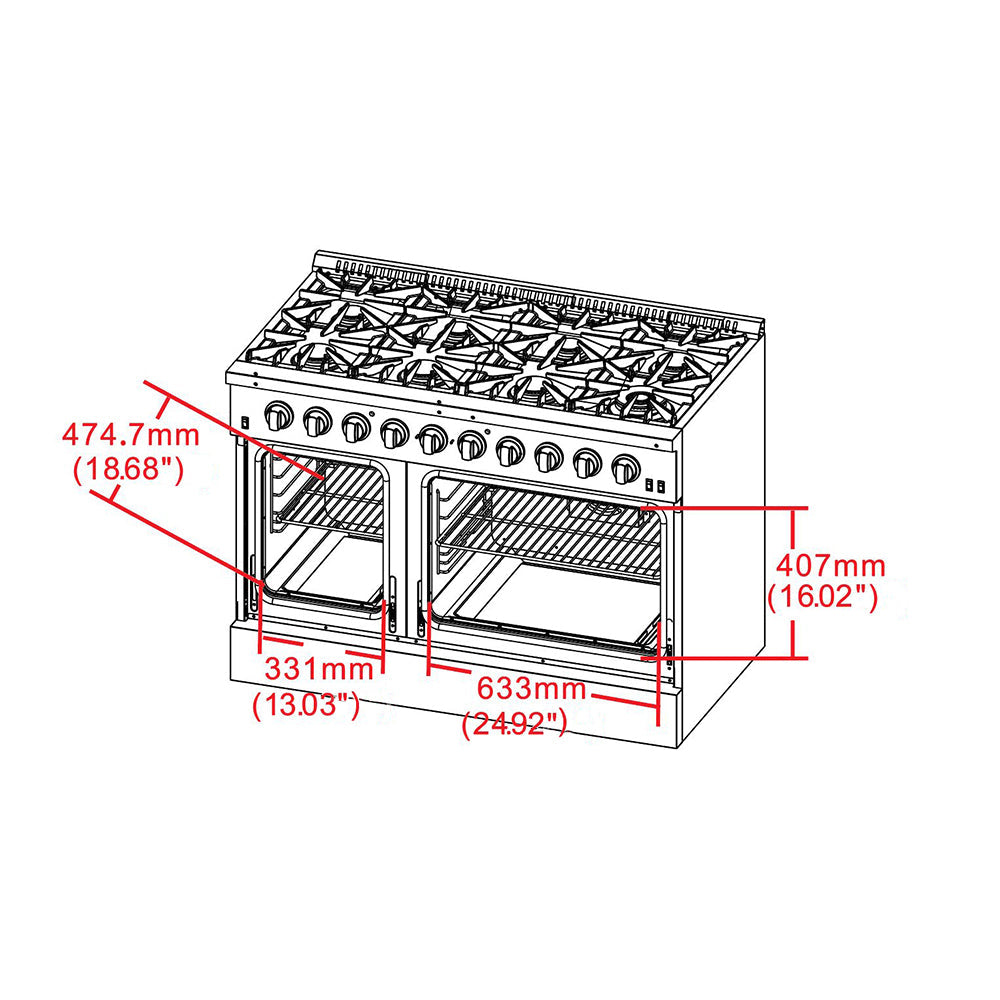 Forno 48" Galiano Dual Fuel Range - Gas Cooktop with 240v Electric Oven - 8 Burners, Griddle, and Double Oven  - FFSGS6156-48