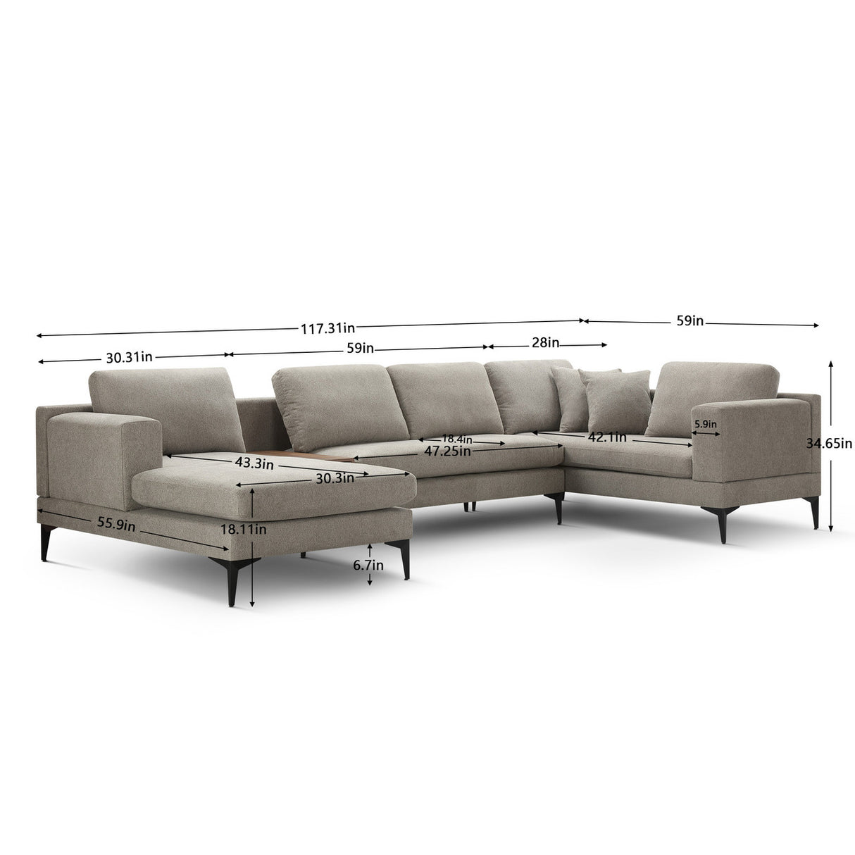 3-Piece U-Shape Upholstered Sectional Couch Sofa Set with 1 Two-seat Sofas 1 Two-seat Armless Sofa 1 Chaise and 1 Small Coffee Table with Drawers, with Reversible Chaise Lounge, Texture Sand