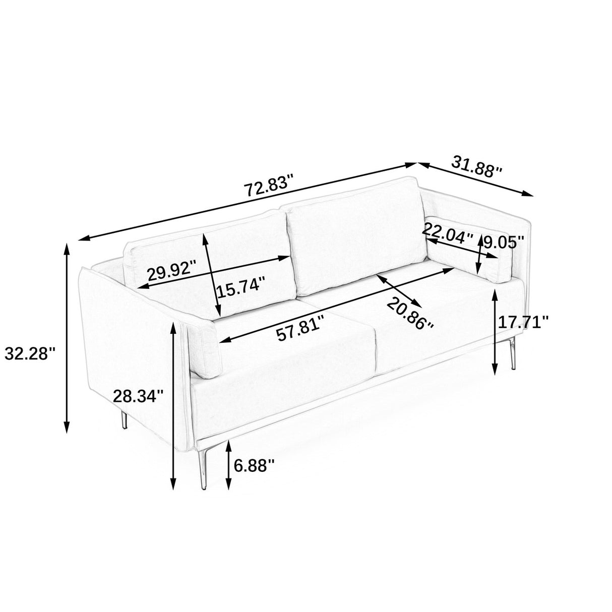 Modern Sofa 3-Seat Couch with Stainless Steel Trim