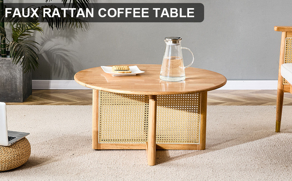 Naturally elegant wooden coffee table with faux rattan accents