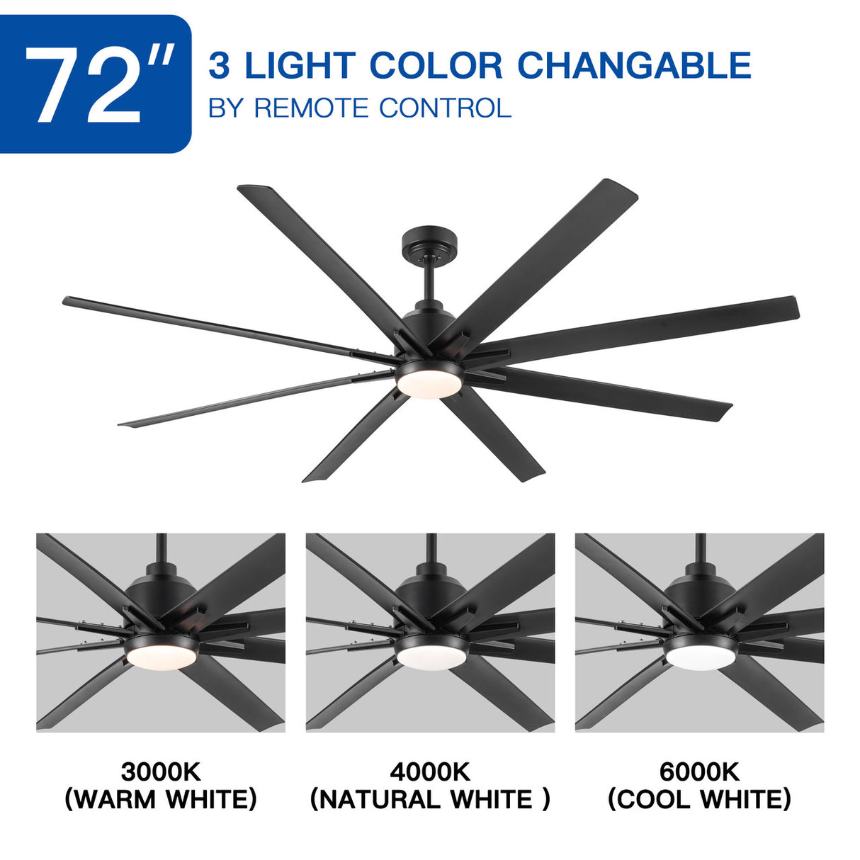 72" Supper Large Integrated LED Light Ceiling Fan with Black ABS Blade