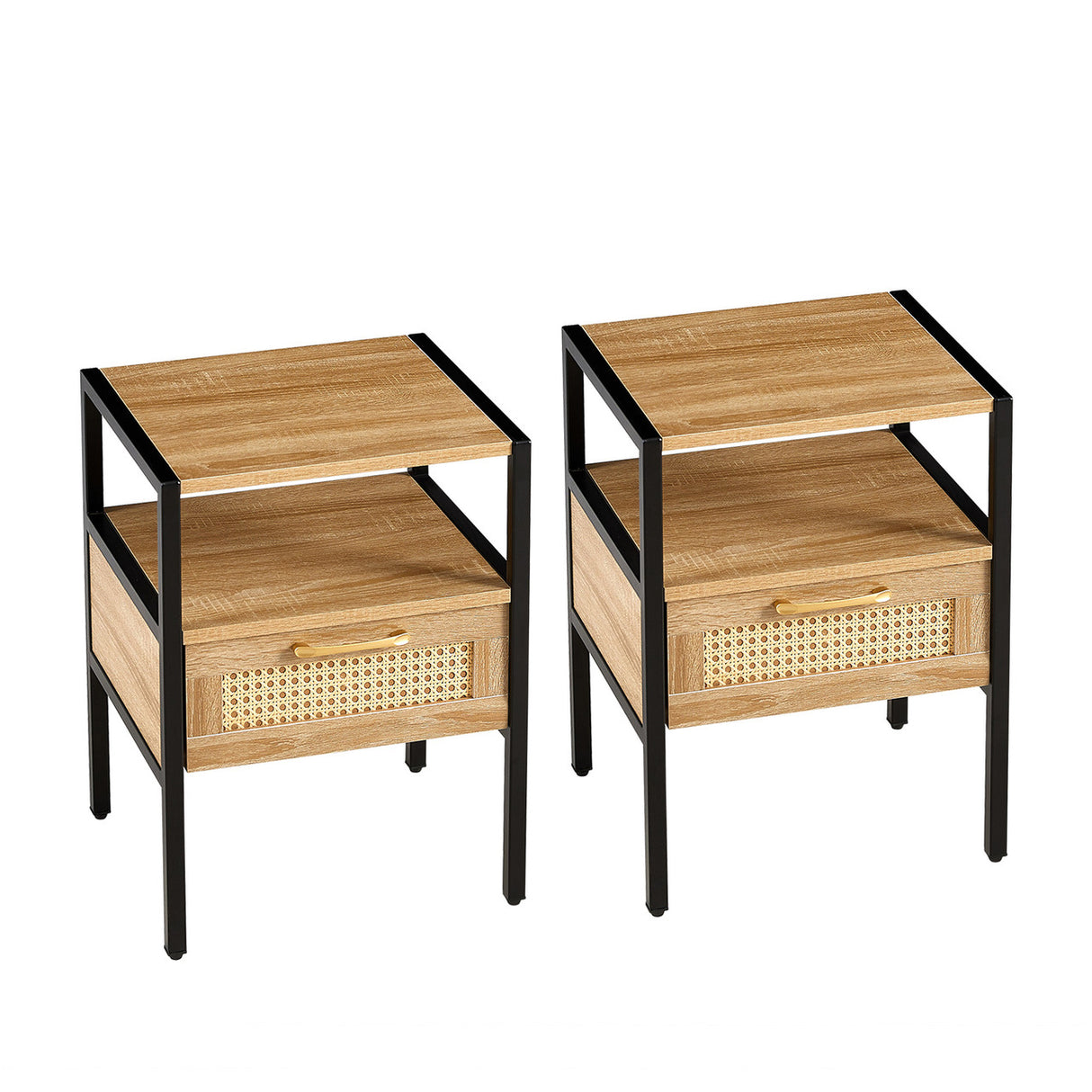 Set of 2, 15.75" Rattan End table with drawer, Modern nightstand, metal legs,side table for living room, bedroom,natural