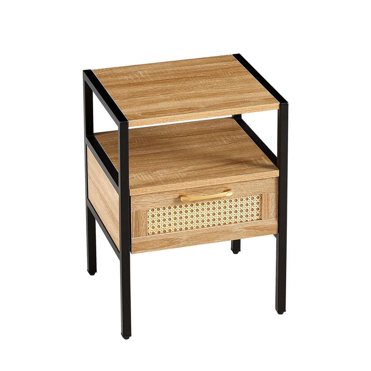 Set of 2, 15.75" Rattan End table with drawer, Modern nightstand, metal legs,side table for living room, bedroom,natural