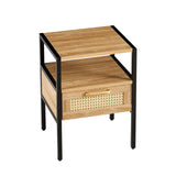 Set of 2, 15.75" Rattan End table with drawer, Modern nightstand, metal legs,side table for living room, bedroom,natural