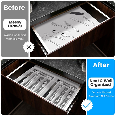 2Pcs Silverware Organizer Utensil Flatware Organizer Kitchen Drawer Silverware Storage Tray with Non-Slip 5 Compartments For Cutlery Spoon Fork