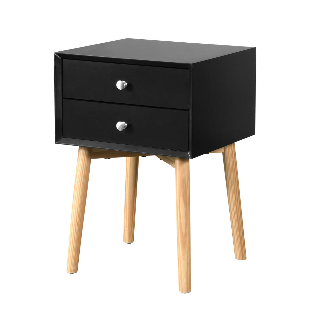 Side Table with 2 Drawer and Rubber Wood Legs;  Mid-Century Modern Storage Cabinet for Bedroom Living Room Furniture;  Black