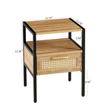 Set of 2, 15.75" Rattan End table with drawer, Modern nightstand, metal legs,side table for living room, bedroom,natural