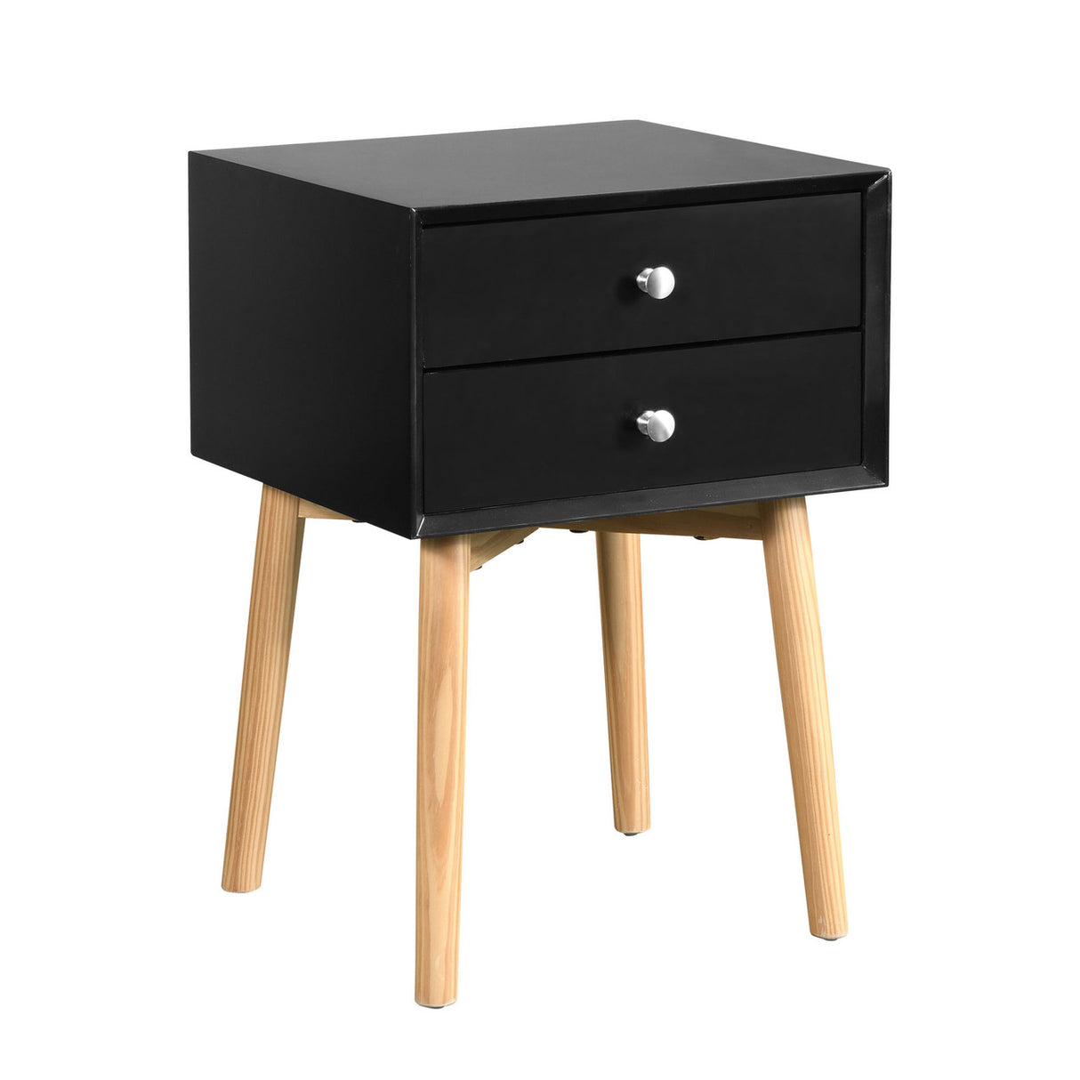 Side Table with 2 Drawer and Rubber Wood Legs;  Mid-Century Modern Storage Cabinet for Bedroom Living Room Furniture;  Black