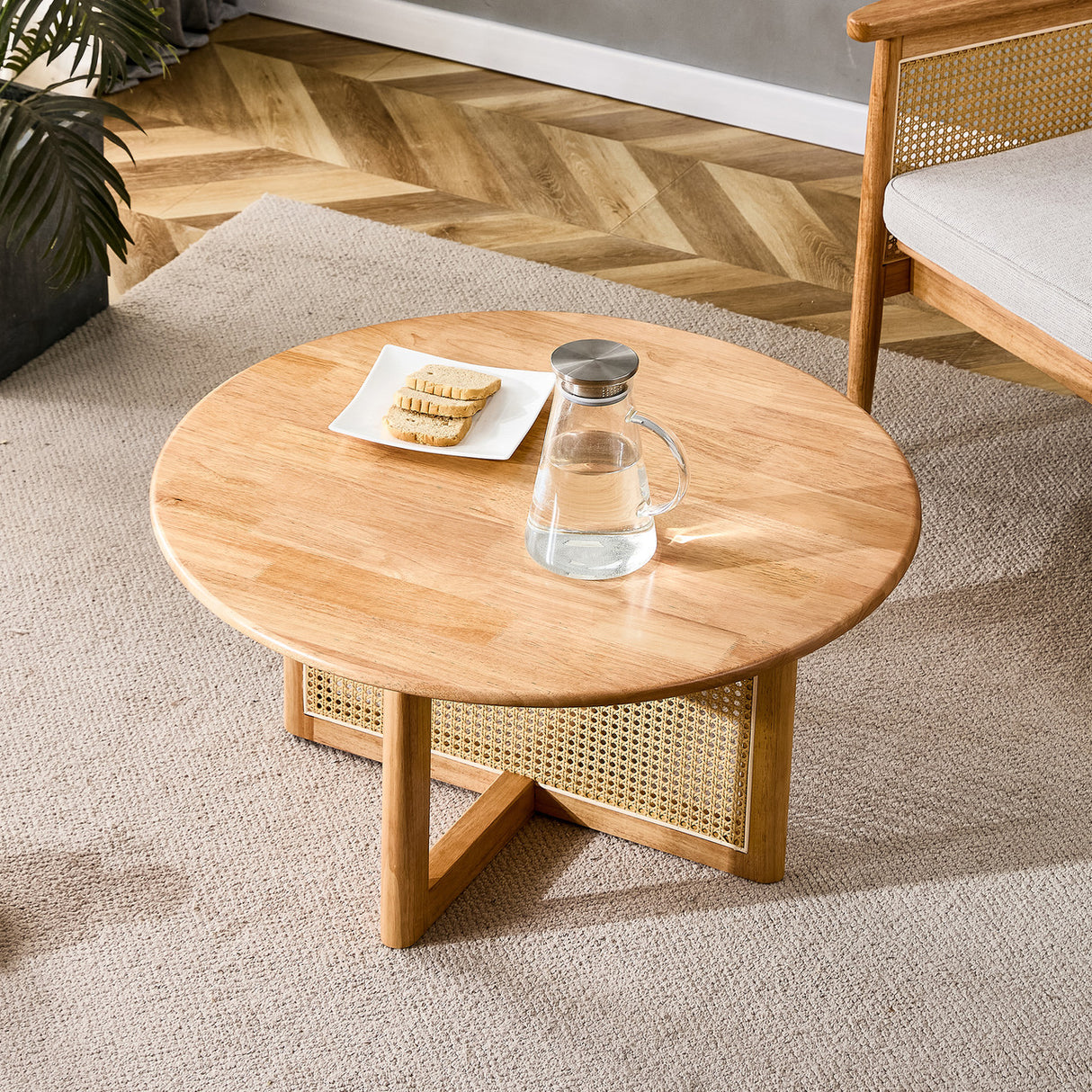 Naturally elegant wooden coffee table with faux rattan accents