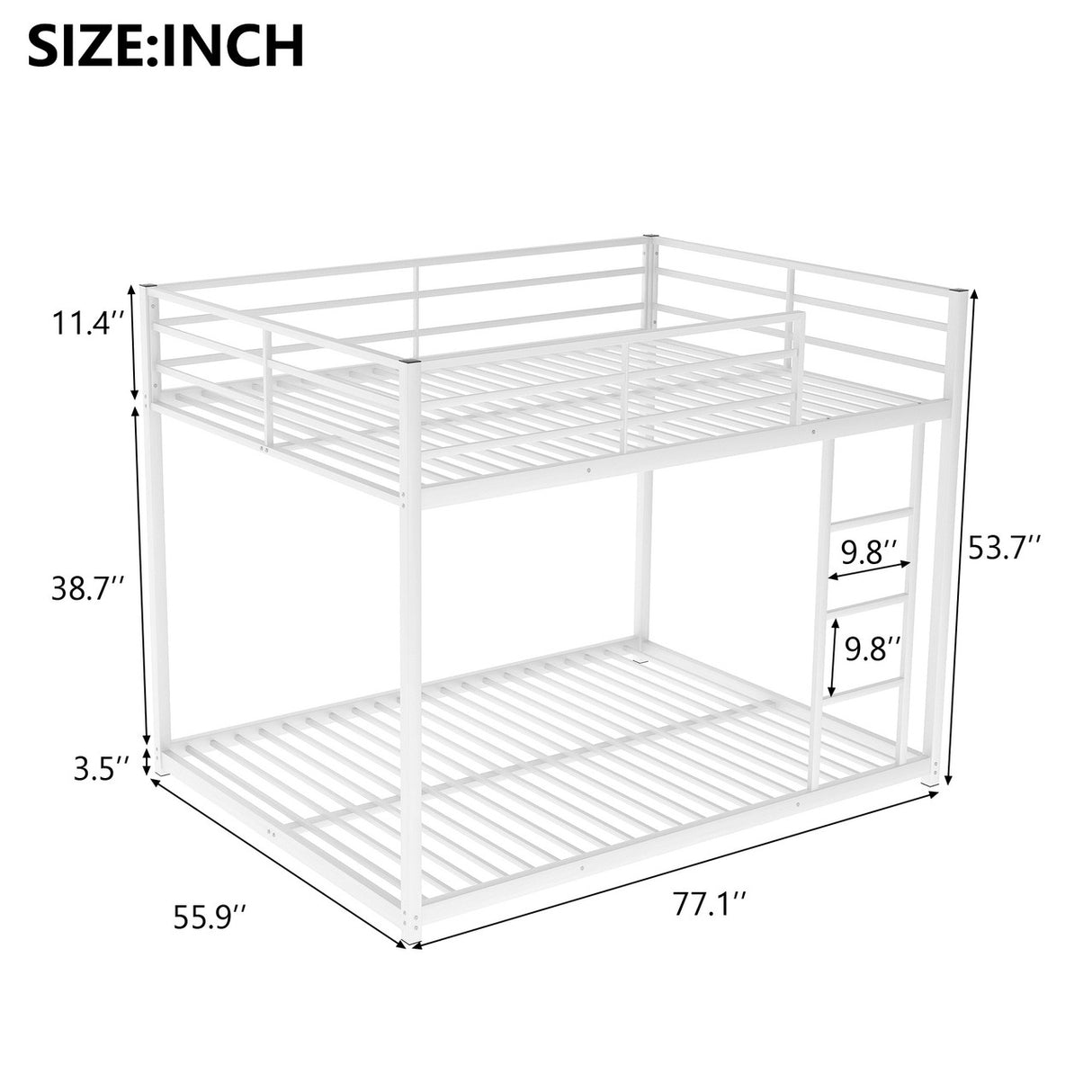 Full over Full Metal Bunk Bed, Low Bunk Bed with Ladder, White(Old SKU:MF197034AAK)